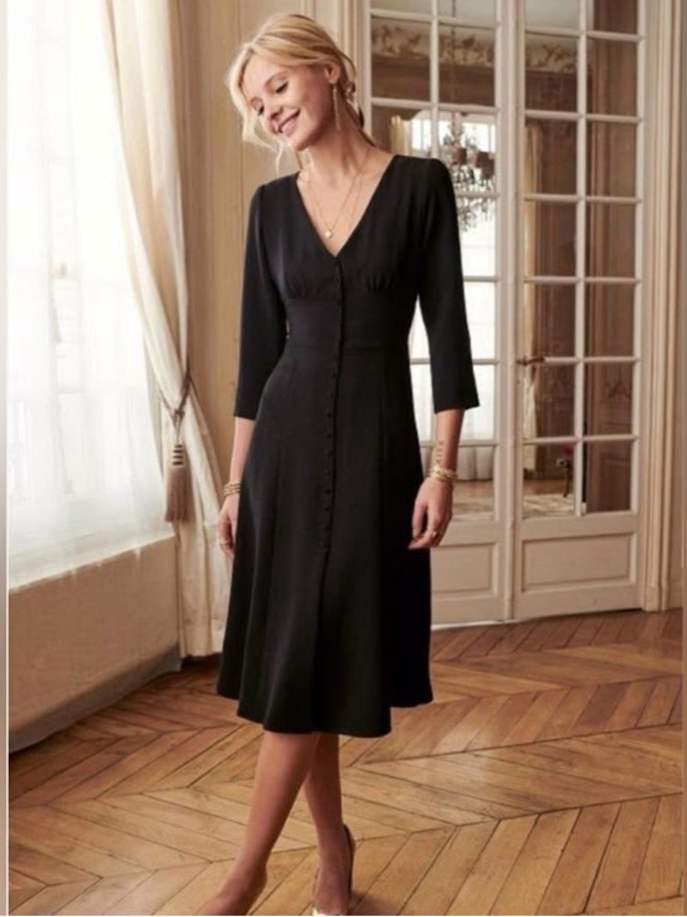 Sezane Minty Black Midi Dress with V-Neck and Button Front
